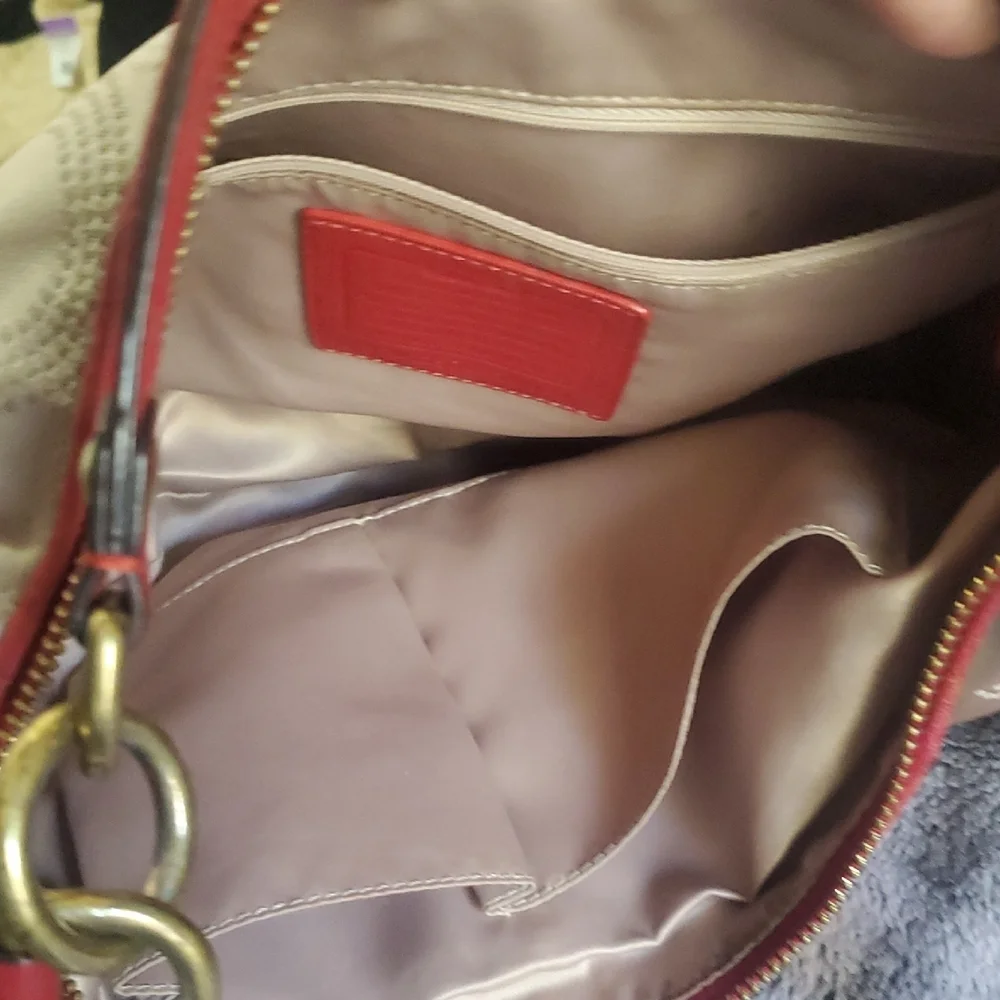 Coach Ashley Dotted Op Convertible Tan Red Bag Signature C Detail Sze 14.5 X 9.5